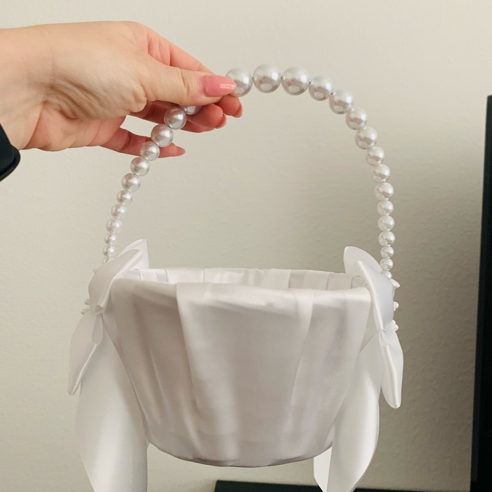 White pearl flower girl basket